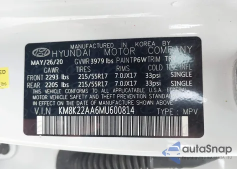 2021 Hyundai Kona Sel z USA, uszkodzony, nr VIN KM8K22AA6MU600814